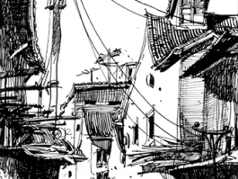 钢笔速写风景画-乡村房屋